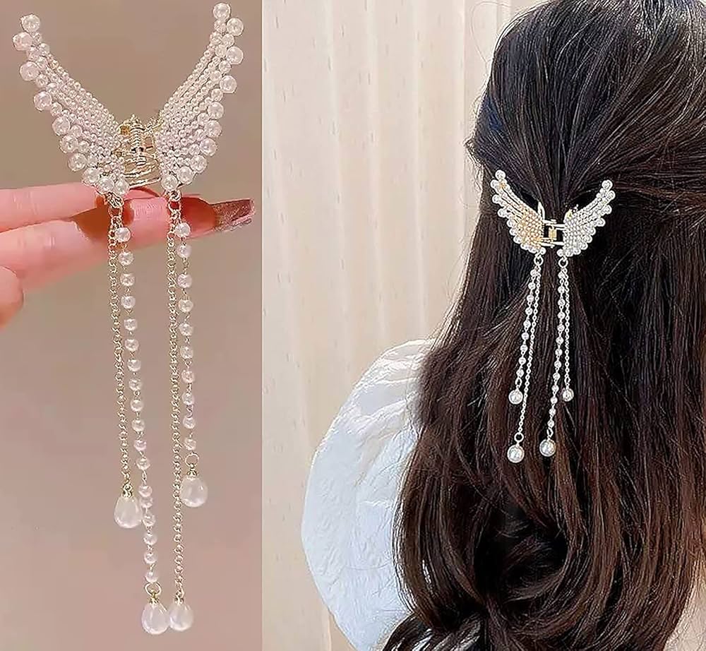 New Fashion Butterfly Pearl Tassel Hair Clip