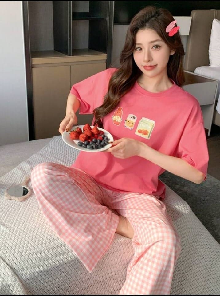 Pink Juices with Cheq Printed PJ Set
