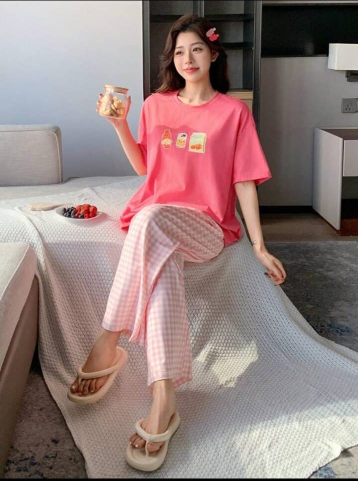 Pink Juices with Cheq Printed PJ Set