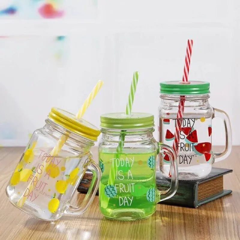 Multicolor Glass Fruity Mason Jar Resistant Mugs with Lid & Straw Juice Cup 480 ml (Pack of 2)