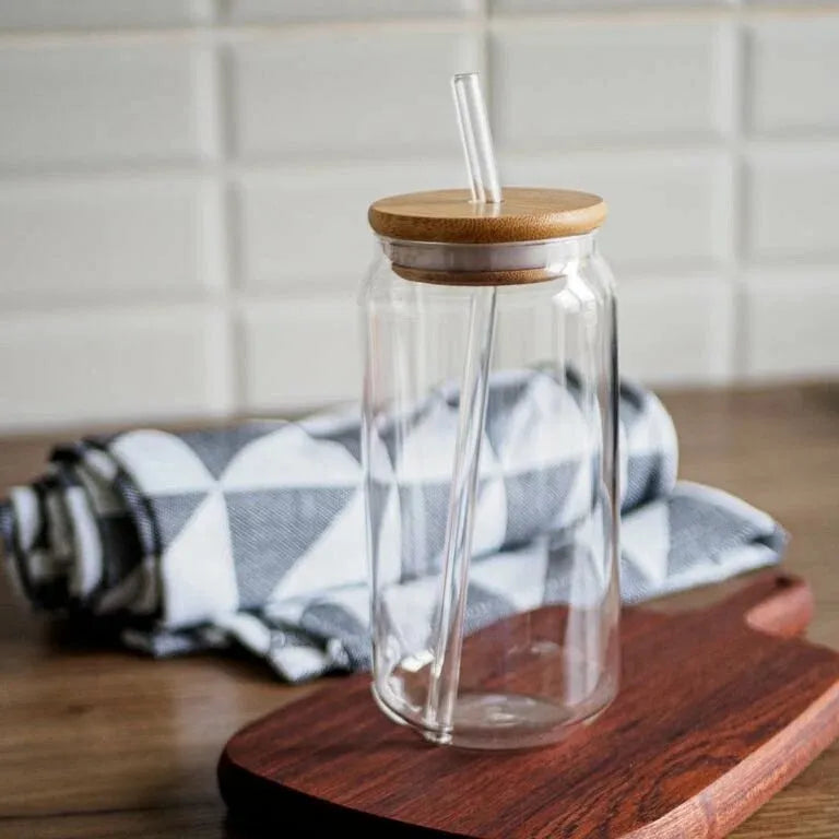 Round Glass Tumbler Can with Glass Straw and Lid