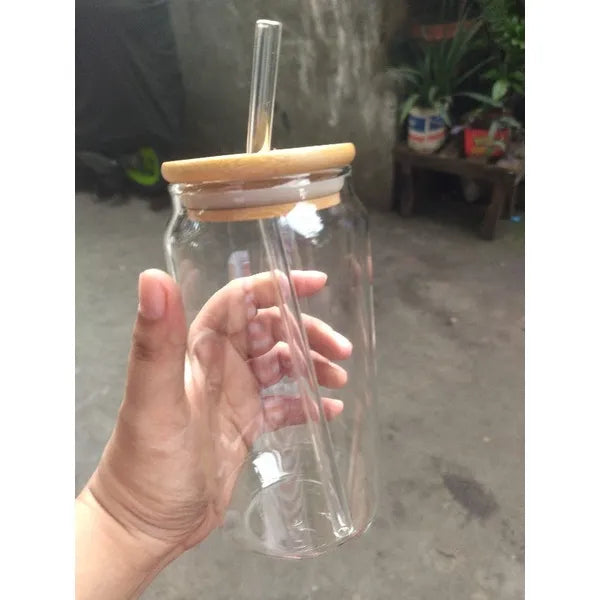 Round Glass Tumbler Can with Glass Straw and Lid