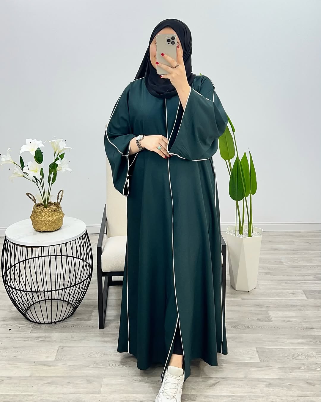 Green Premium Double Piping Front-Open Abaya with Black Scarf