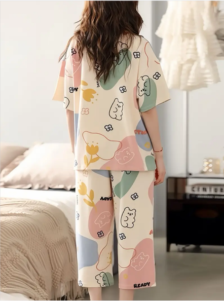 White with Multi Bear Pattern Printed PJ Set