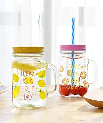 Multicolor Glass Fruity Mason Jar Resistant Mugs with Lid & Straw Juice Cup 480 ml (Pack of 2)