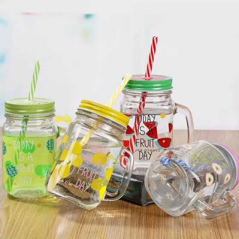 Multicolor Glass Fruity Mason Jar Resistant Mugs with Lid & Straw Juice Cup 480 ml (Pack of 2)