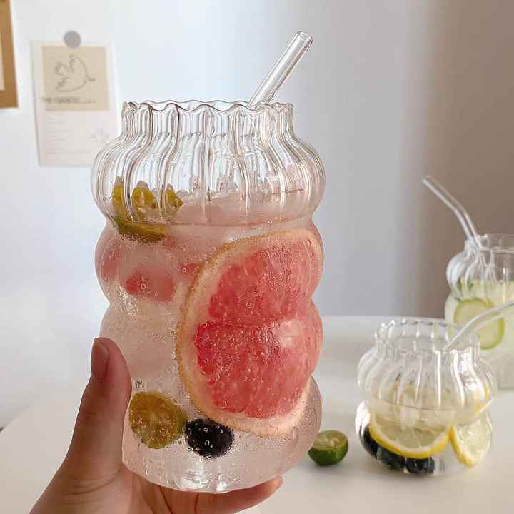 Ribbed Glass with Lid and Glass Straw Tumbler