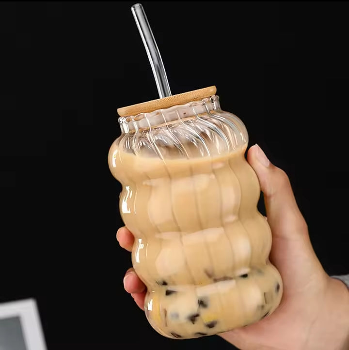 Ribbed Glass with Lid and Glass Straw Tumbler