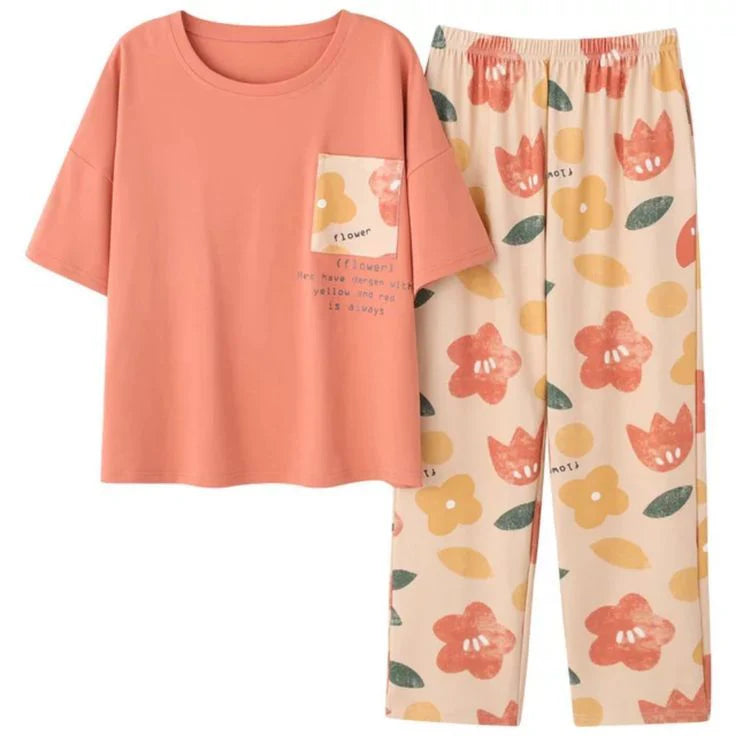 Pink Flower Pattern Printed PJ Set